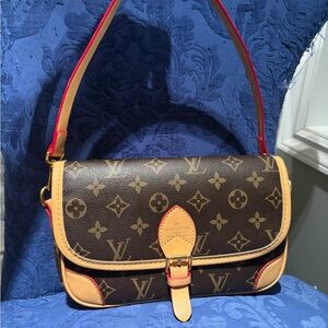 Monogram Canvas Shoulder Bag in Brown with Tan and Red Trim